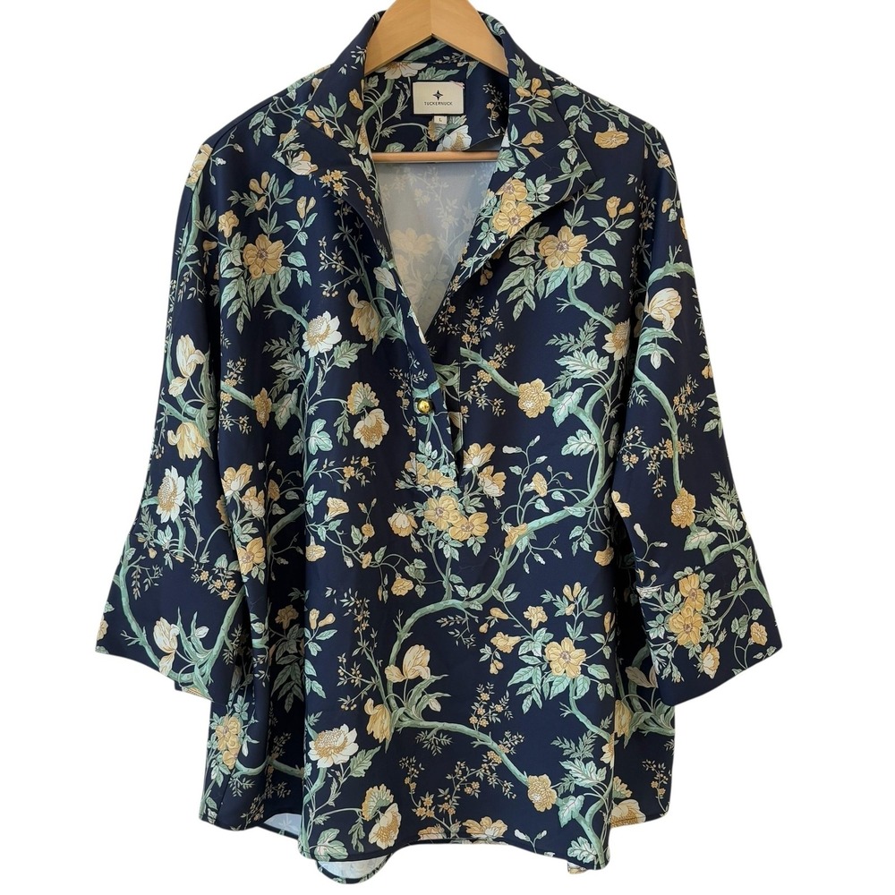 Tuckernuck Navy Floral Button-Front Blouse with Yellow & Green Print